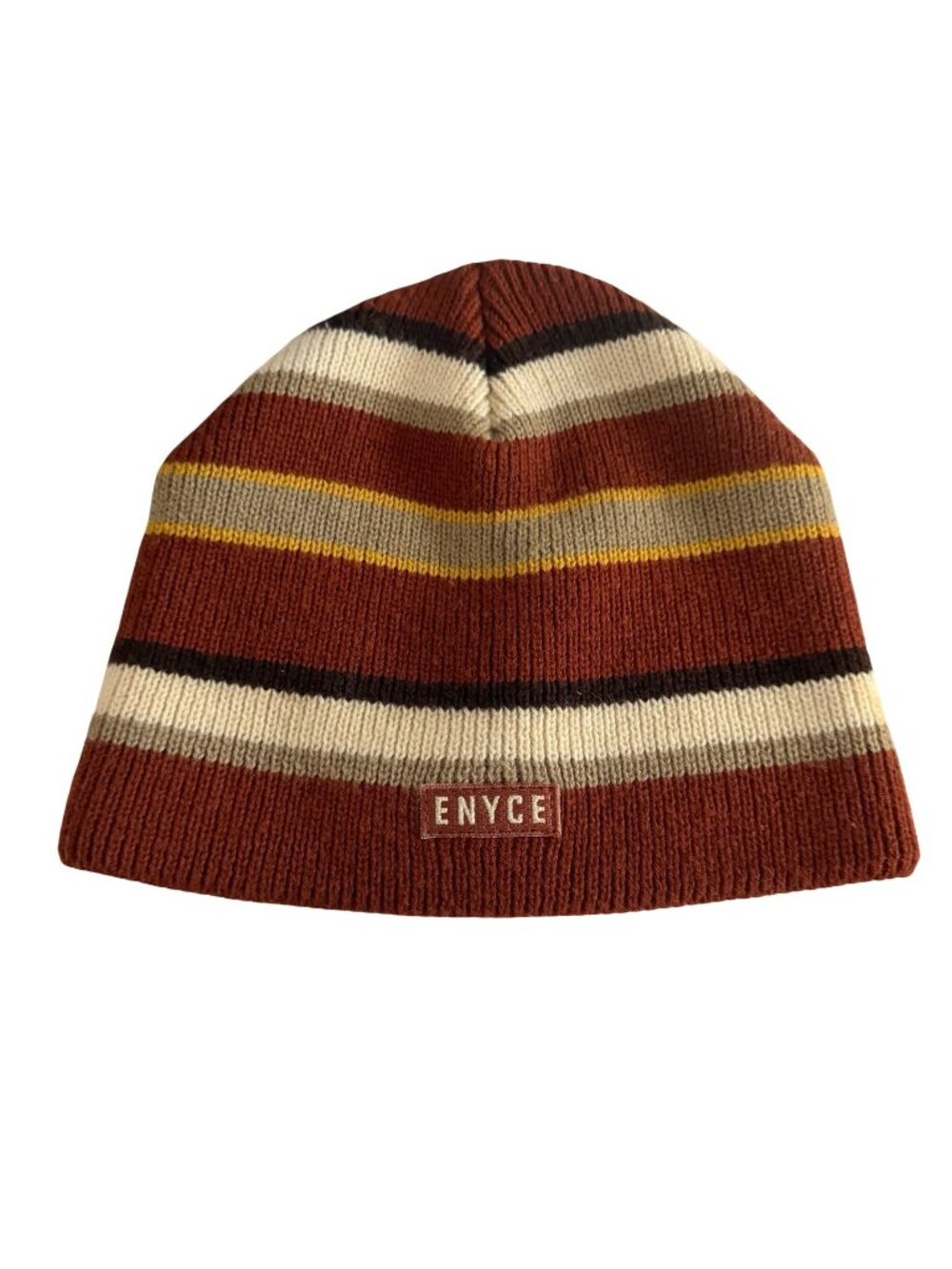 Enyce Brown Striped Knit Beanie Hat Wool Blend Winter Skull Cap Made in Korea